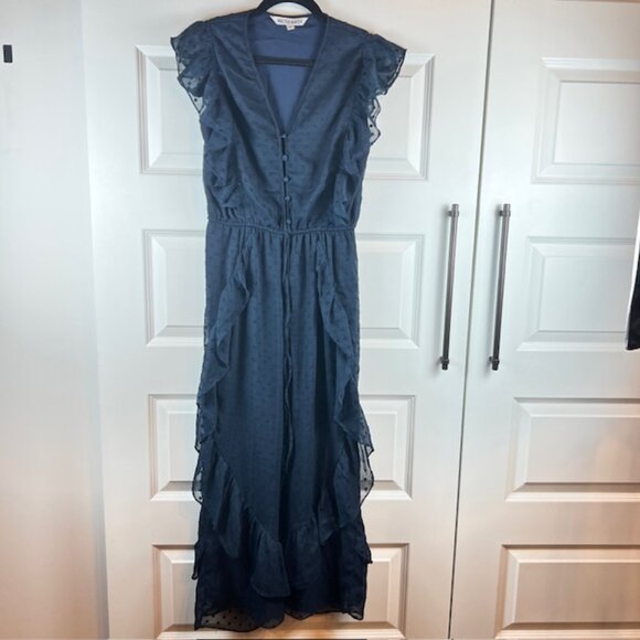 Walter Baker Navy Ruffle Jumpsuit XS Flutter Sleeve Swiss Dot Sheer Overlay - Picture 2 of 12